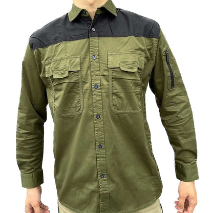 "Men’s Stretch Cotton Work shirt in Olive Green, Long Sleeve, model front – Big Bee Workwear"