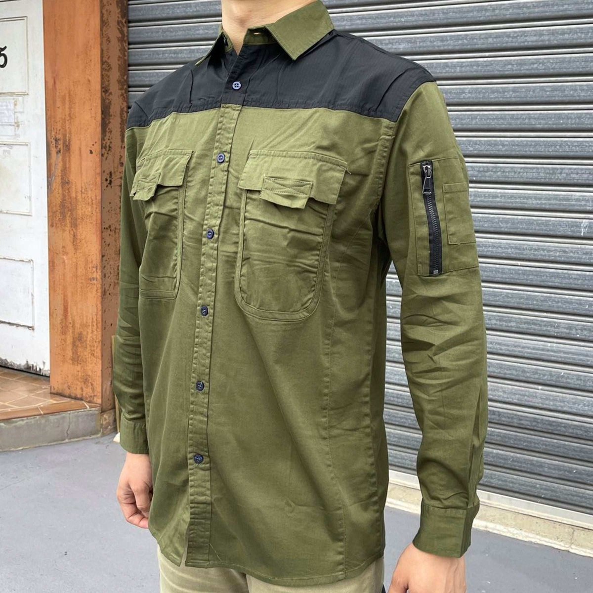 "Men’s Stretch Cotton Work shirt in khaki, Long Sleeve, model side – Big Bee Workwear"