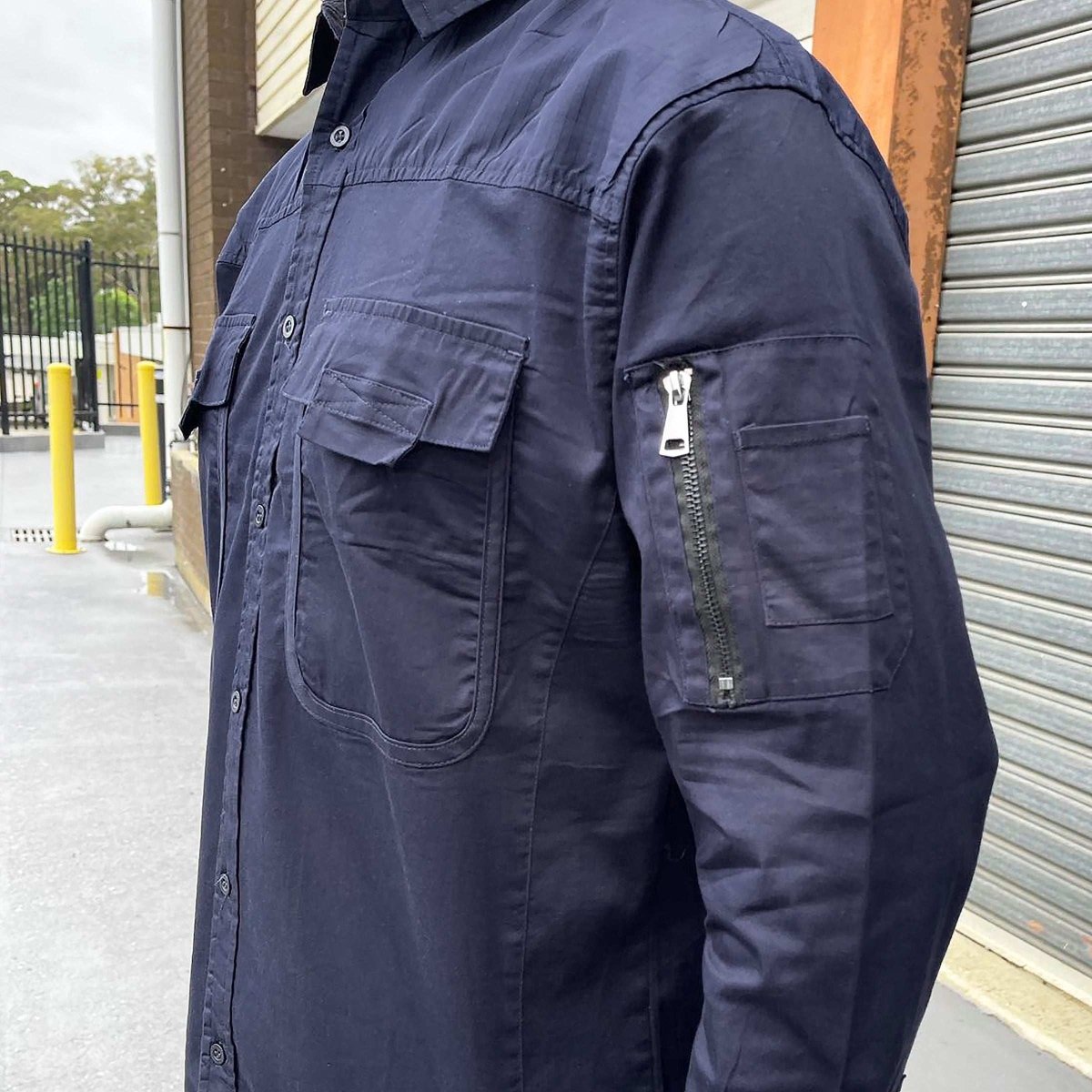 "Men’s Stretch Cotton Work shirt, Long Sleeve, zipper detail close-up – Big Bee Workwear"