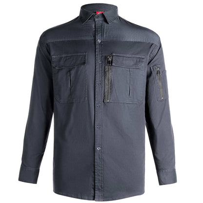 "ZIP Stretch Cotton Work shirt in black, Long Sleeve, front – Big Bee Workwear"