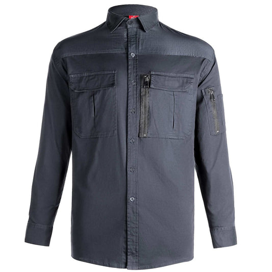 "ZIP Stretch Cotton Work shirt in black, Long Sleeve, front – Big Bee Workwear"