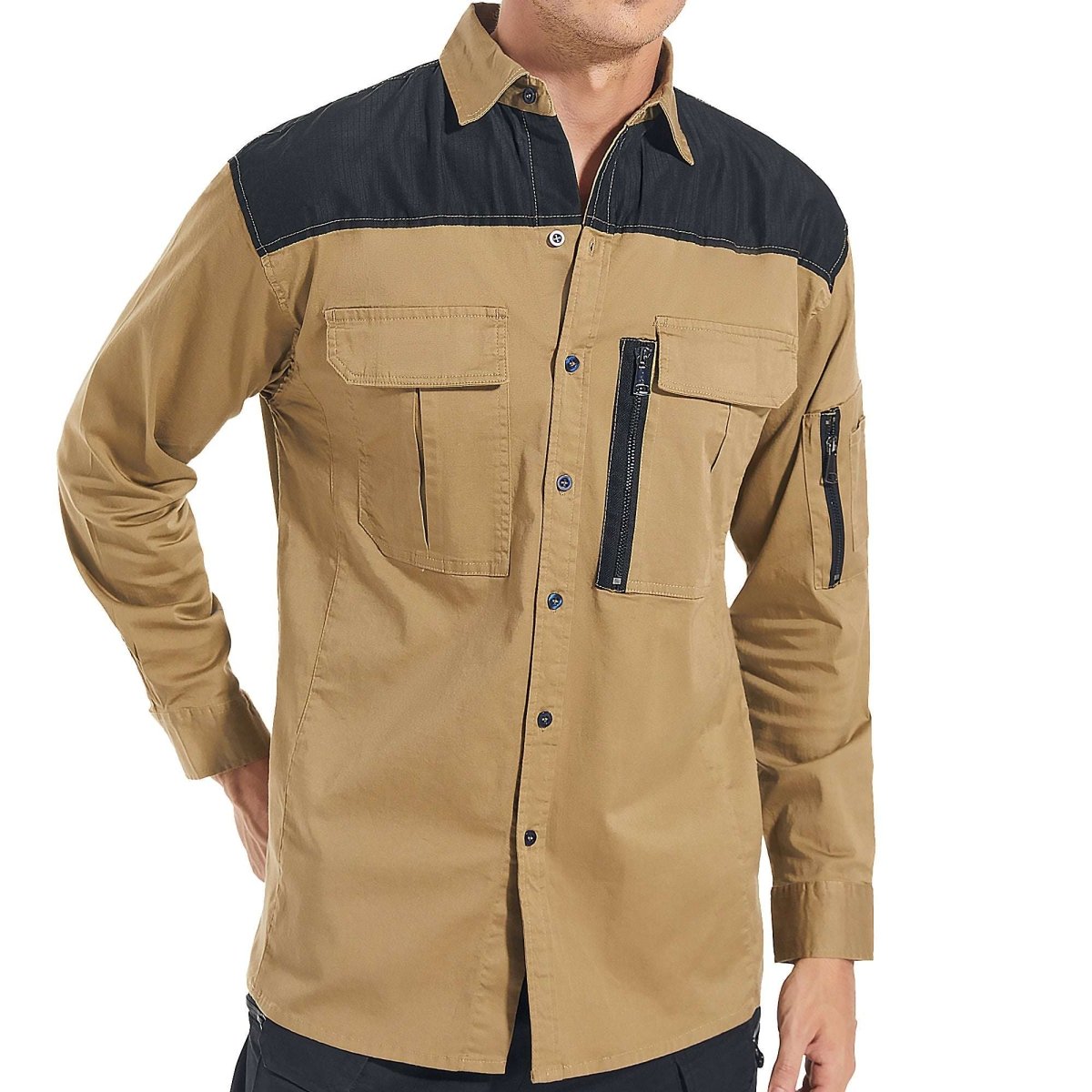 "ZIP Stretch Cotton Work shirt in khaki, Long Sleeve, model front – Big Bee Workwear"