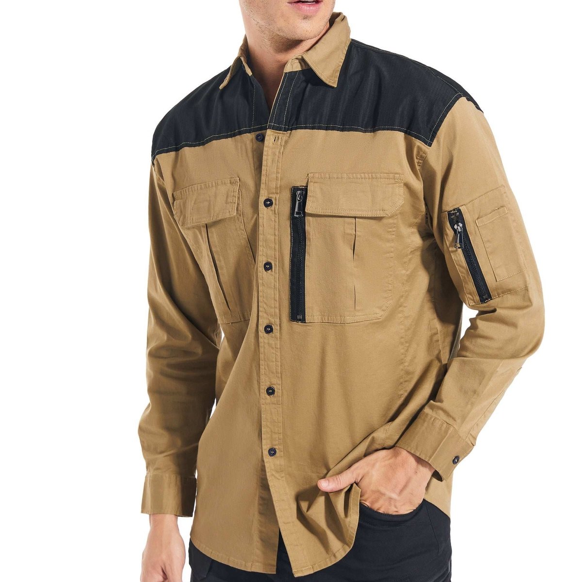 "ZIP Stretch Cotton Work shirt in khaki, Long Sleeve, model front angle – Big Bee Workwear"