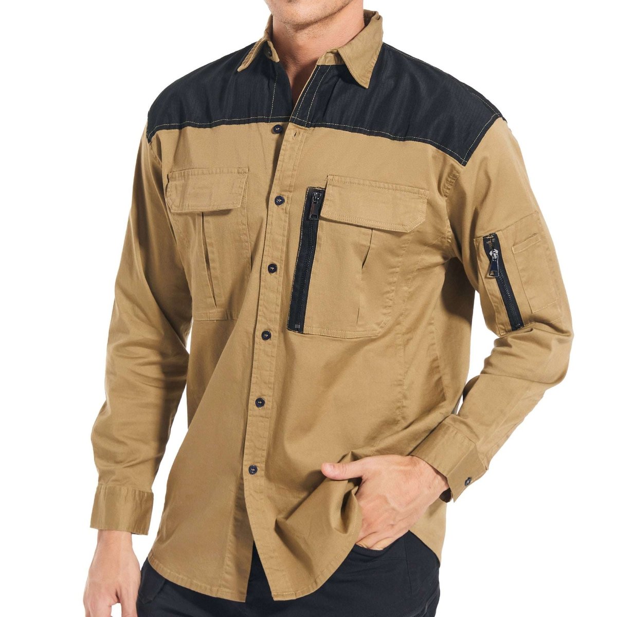 "ZIP Stretch Cotton Work shirt in khaki, Long Sleeve, model in action – Big Bee Workwear"
