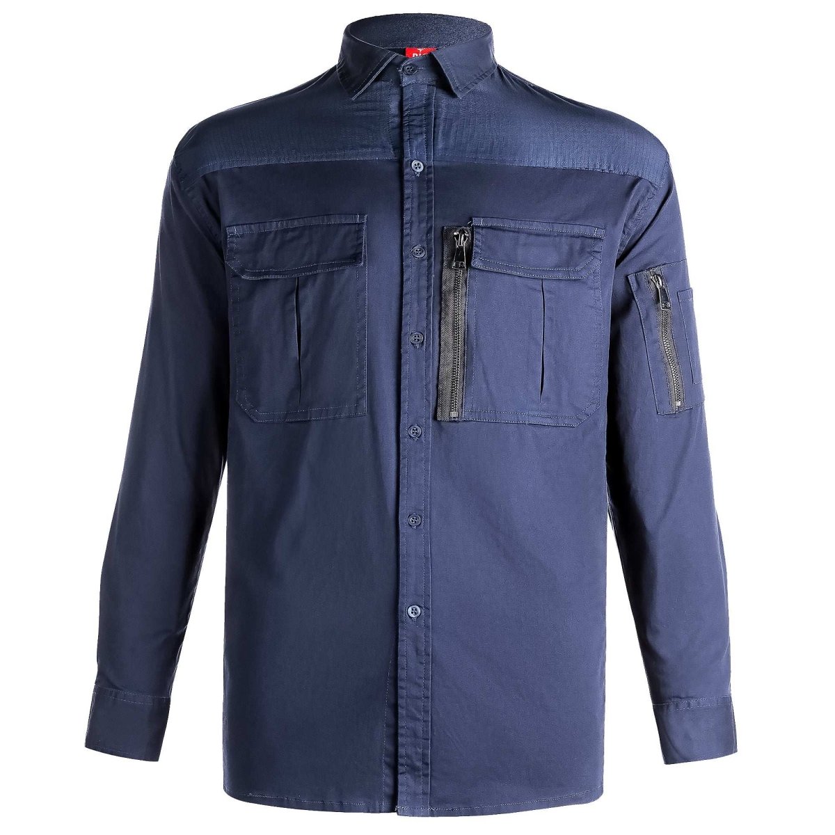 "ZIP Stretch Cotton Work shirt in Navy Blue, Long Sleeve, front – Big Bee Workwear"