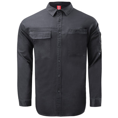 "PULSE Stretch Cotton Work shirt in black, Long Sleeve, front – Big Bee Workwear"