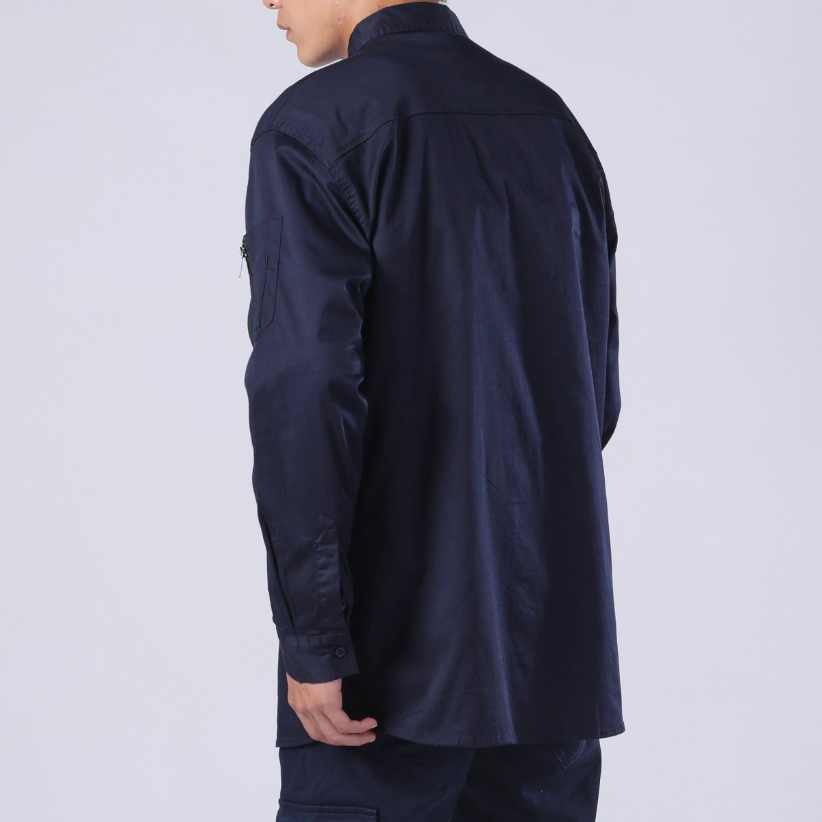 "PULSE Stretch Cotton Work shirt in Navy Blue, Long Sleeve, model back angle – Big Bee Workwear"
