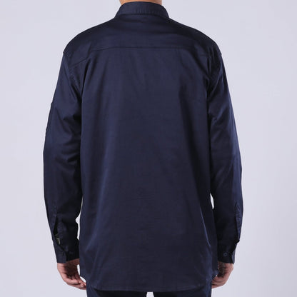 "PULSE Stretch Cotton Work shirt in Navy Blue, Long Sleeve, model back – Big Bee Workwear"