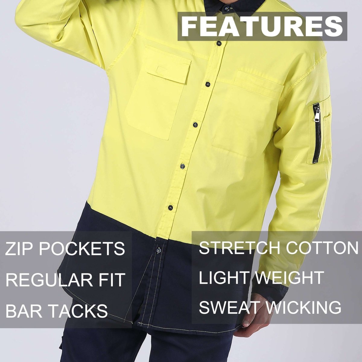 "PULSE Stretch Cotton Work shirt, Long Sleeve, key features – Big Bee Workwear"