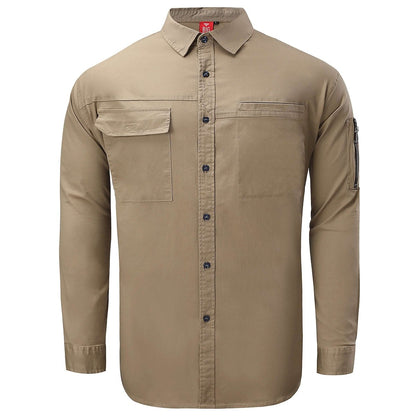 "PULSE Stretch Cotton Work shirt in khaki, Long Sleeve, front – Big Bee Workwear"