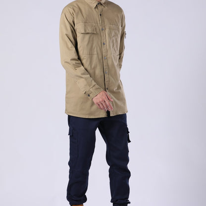 "PULSE Stretch Cotton Work shirt in khaki, Long Sleeve, model walking pose – Big Bee Workwear"