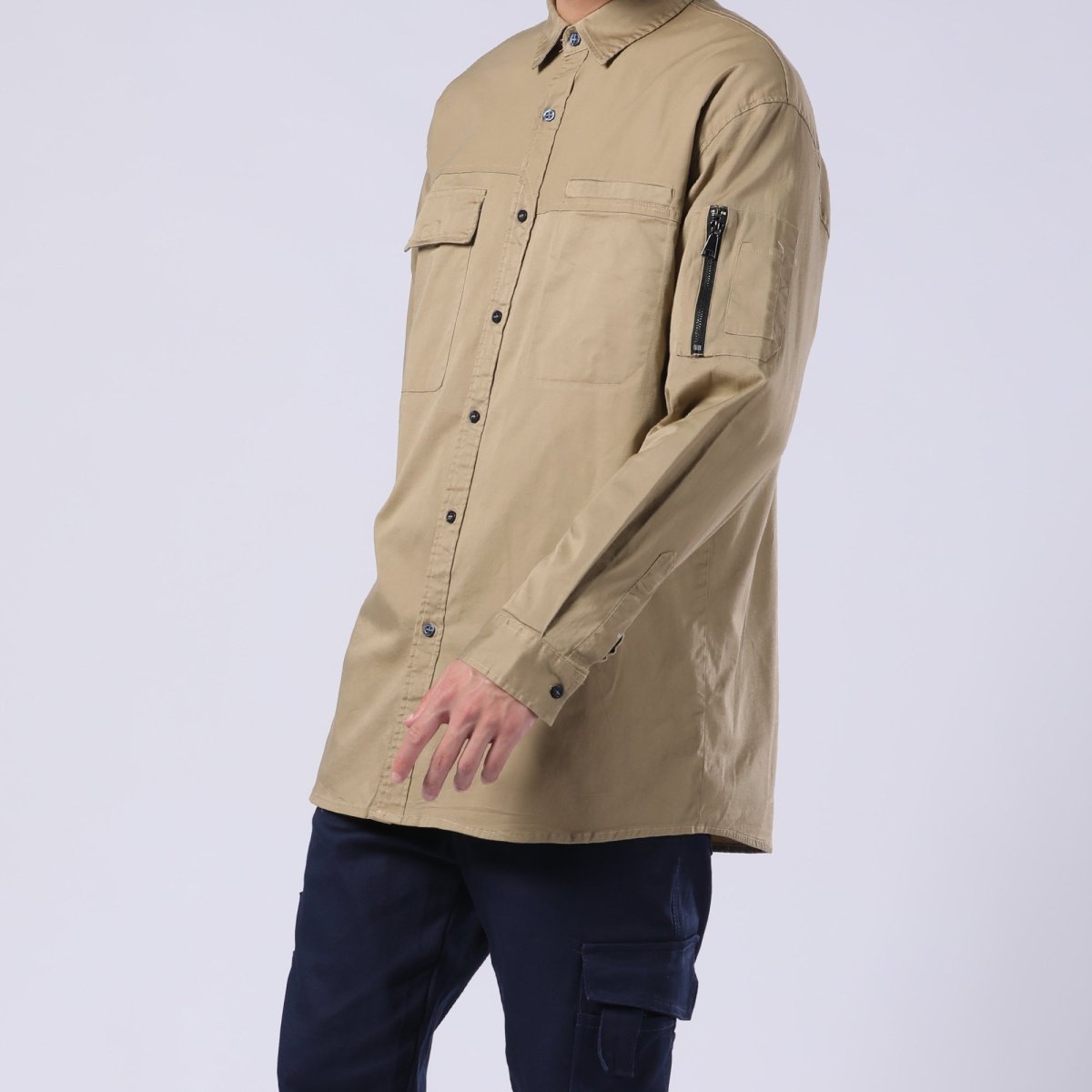 "PULSE Stretch Cotton Work shirt in khaki, Long Sleeve, model posed – Big Bee Workwear"