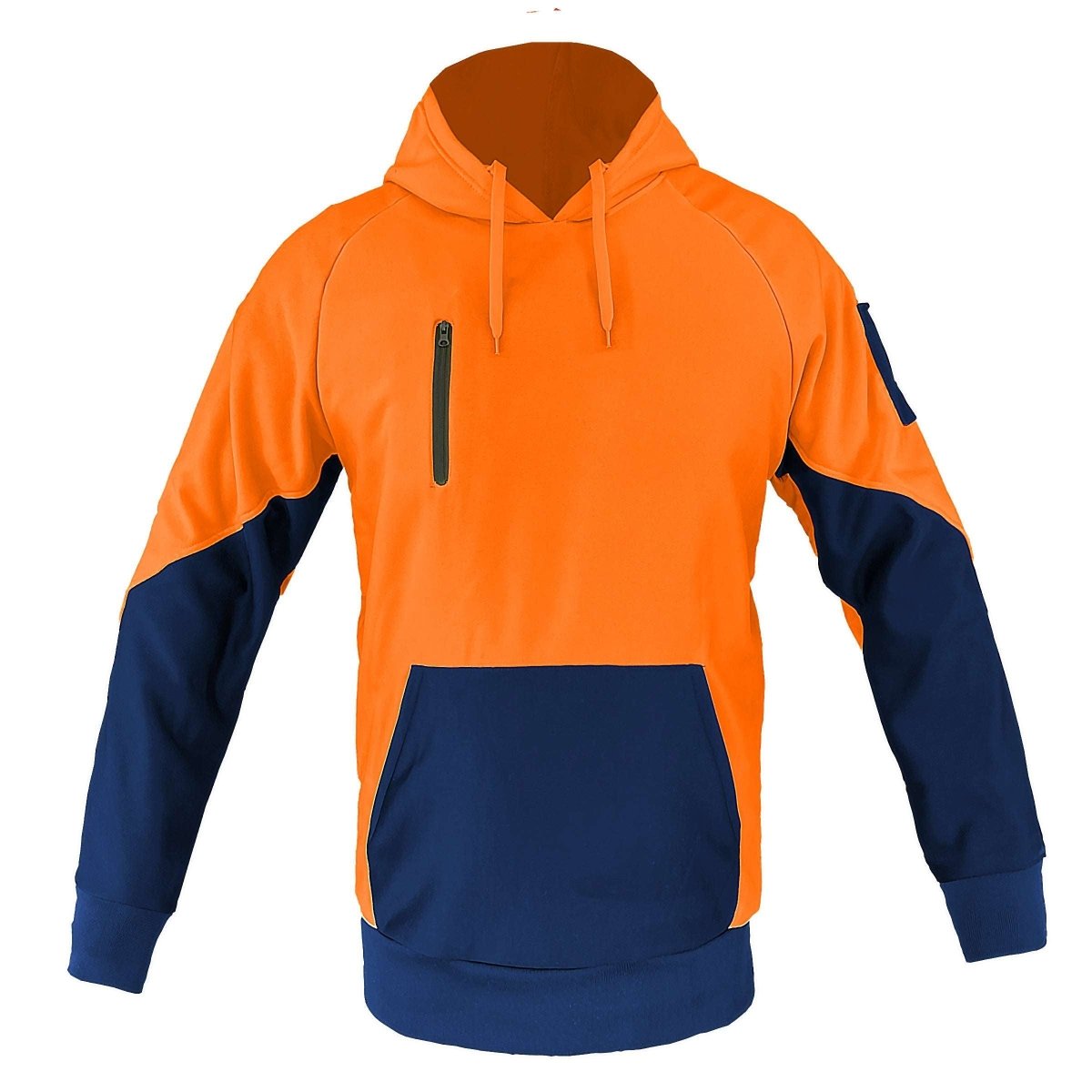 "Hi Vis Warm-up Hoodie in orange navy, Fleece, front – Big Bee Workwear"