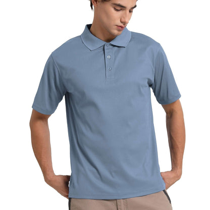 "cotton blend polo shirt in blue natural, model front – Big Bee Workwear"