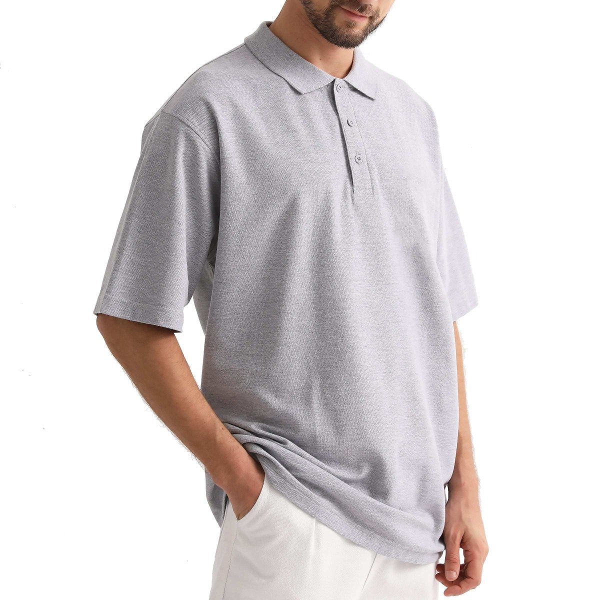 "cotton blend polo shirt in grey, model front – Big Bee Workwear"