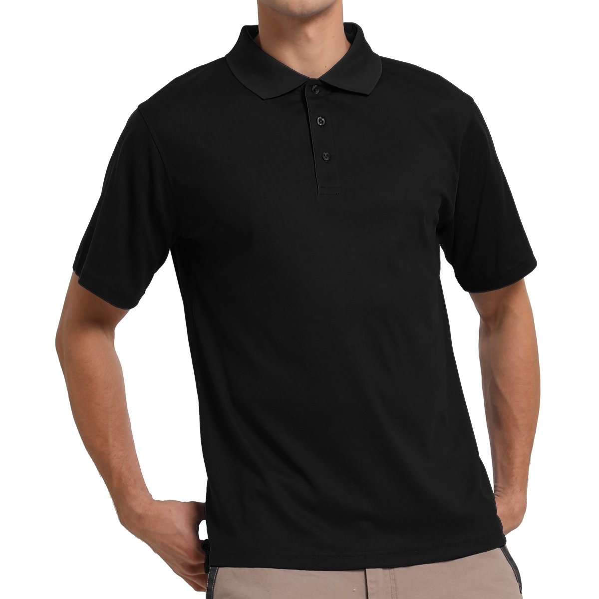 "cotton blend polo shirt in black, model front – Big Bee Workwear"