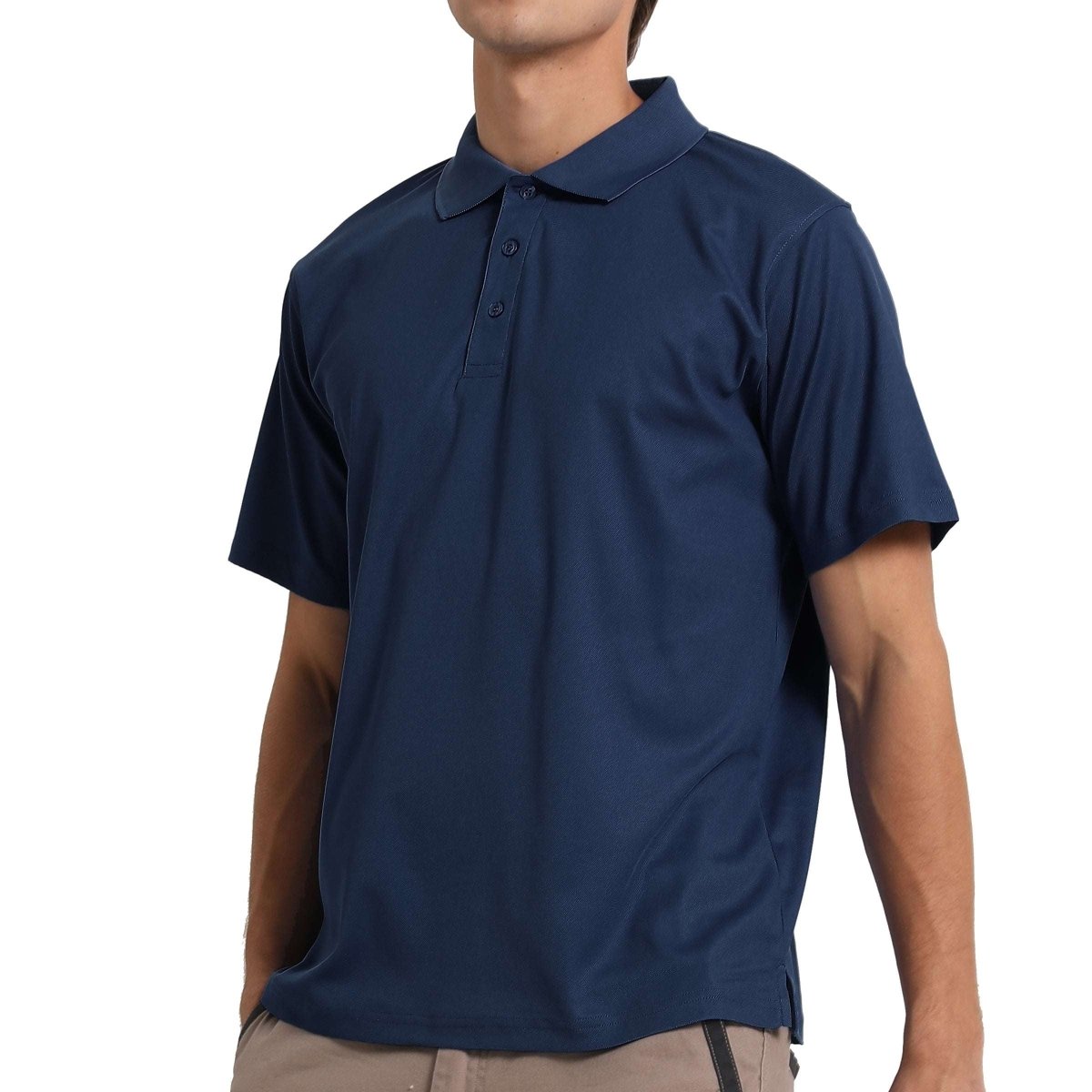 "cotton blend polo shirt in Navy Blue, model front – Big Bee Workwear"