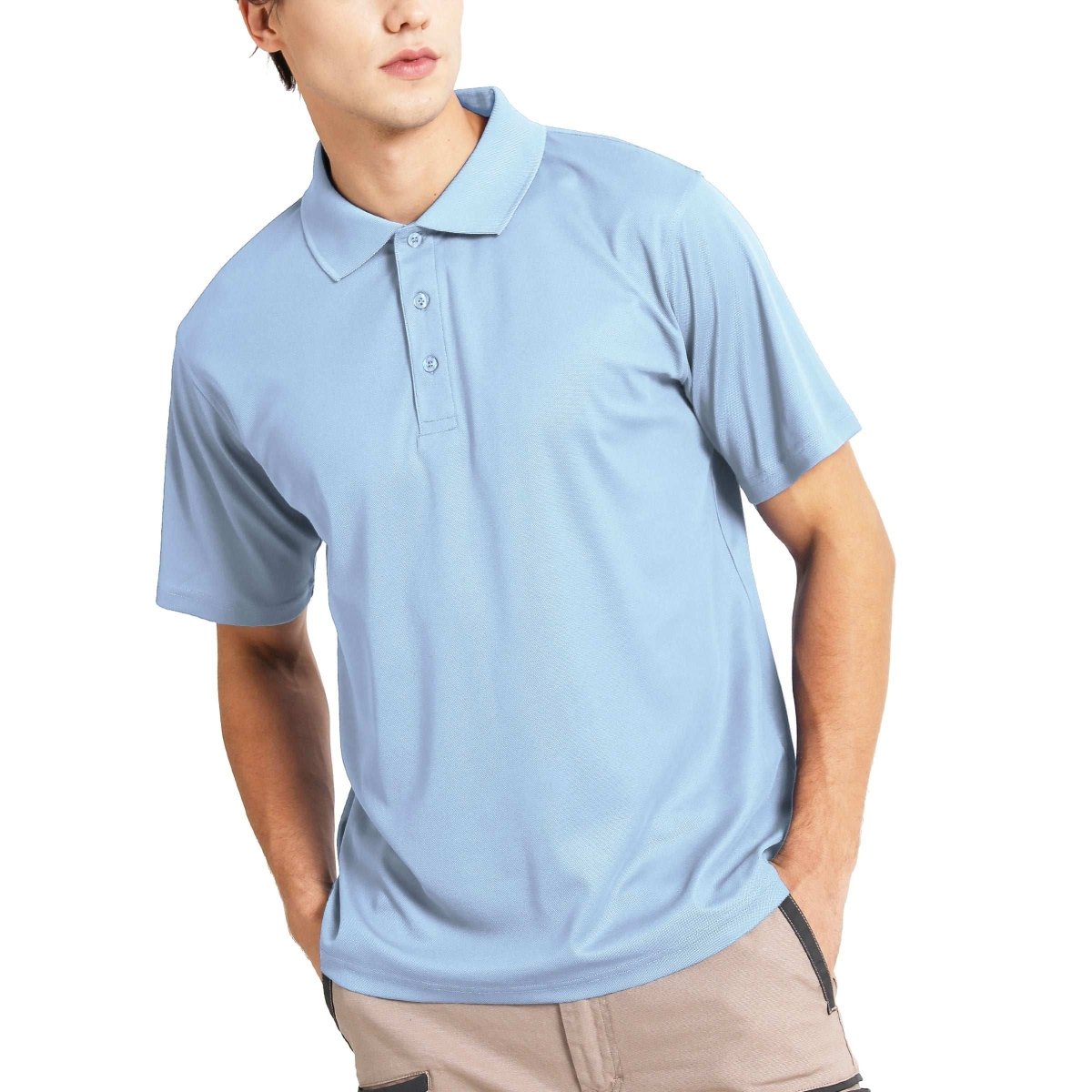 "cotton blend polo shirt in Sky Blue, model front – Big Bee Workwear"