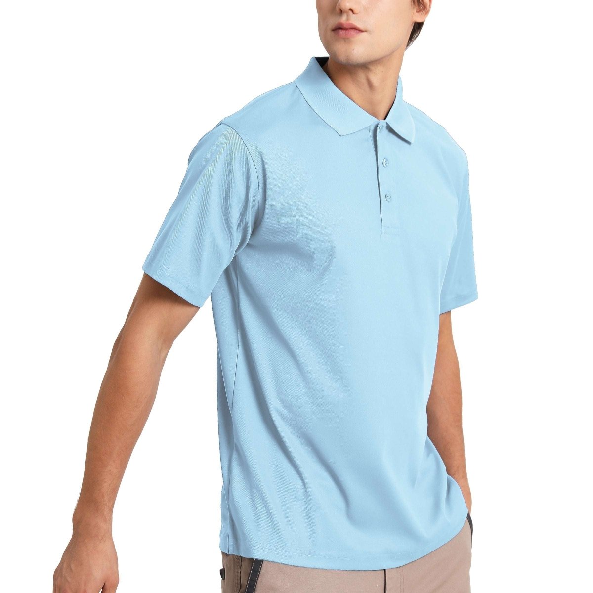 "cotton blend polo shirt in light blue, model front – Big Bee Workwear"