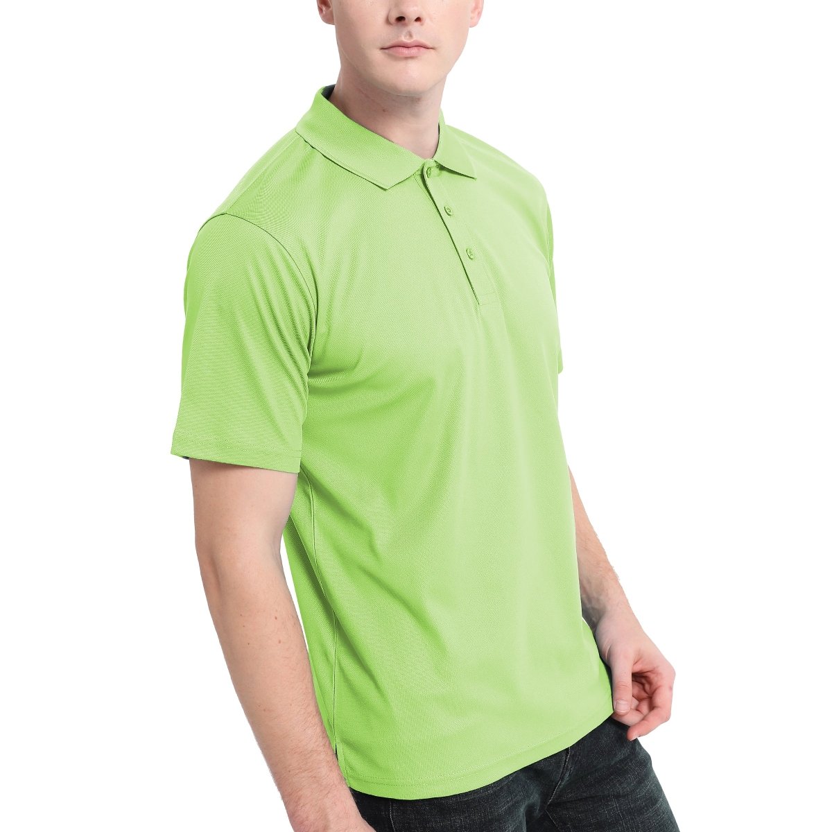 "cotton blend polo shirt in light green, model front – Big Bee Workwear"