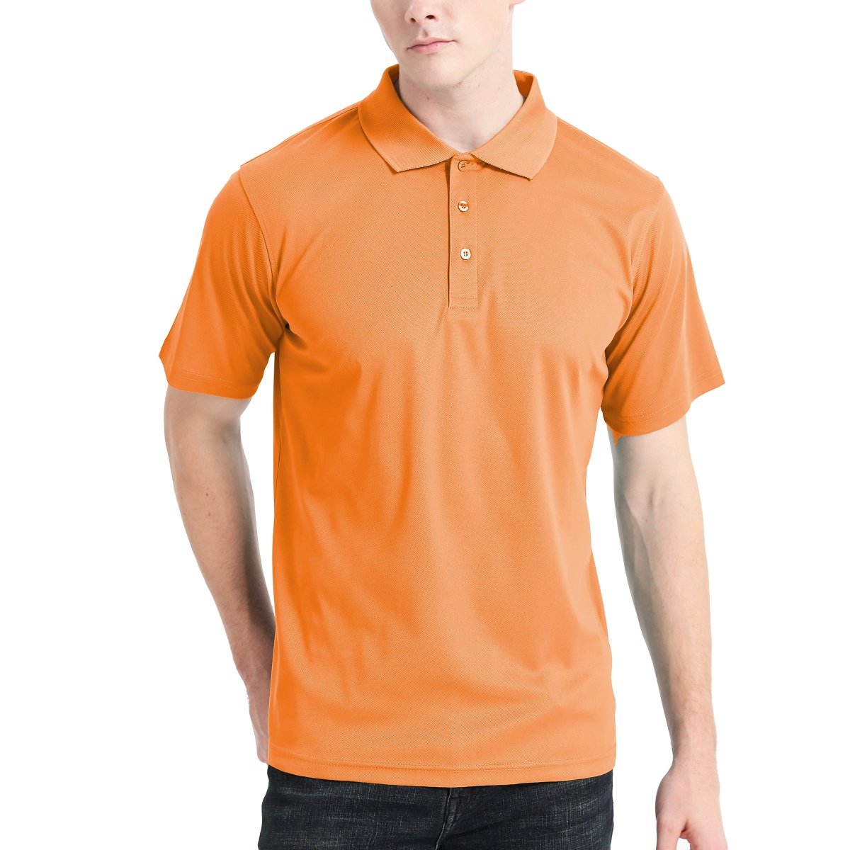 "cotton blend polo shirt in orange, model front – Big Bee Workwear"