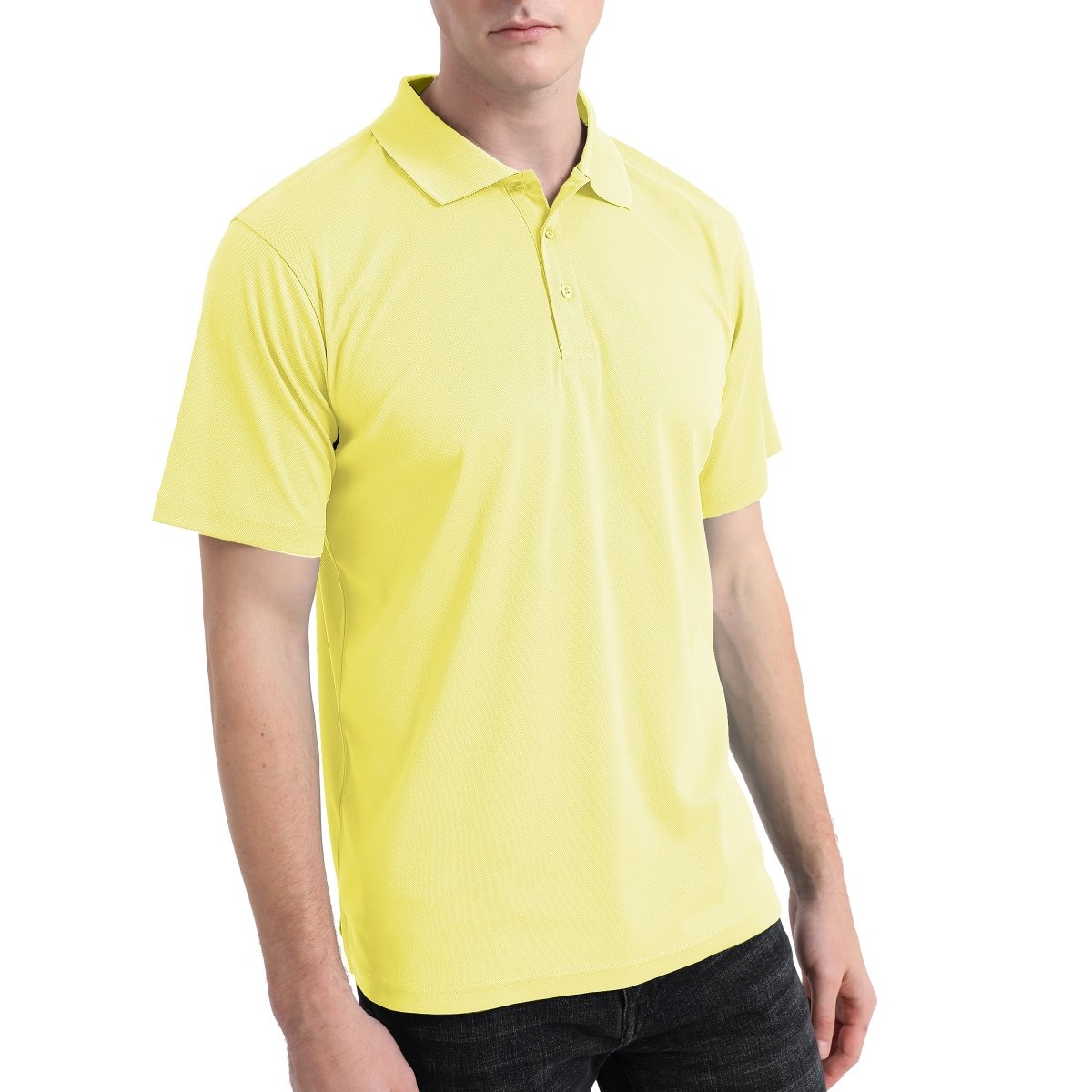 "cotton blend polo shirt in light yellow, model front – Big Bee Workwear"
