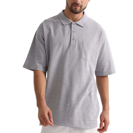 "cotton blend polo shirt in grey, model front – Big Bee Workwear"