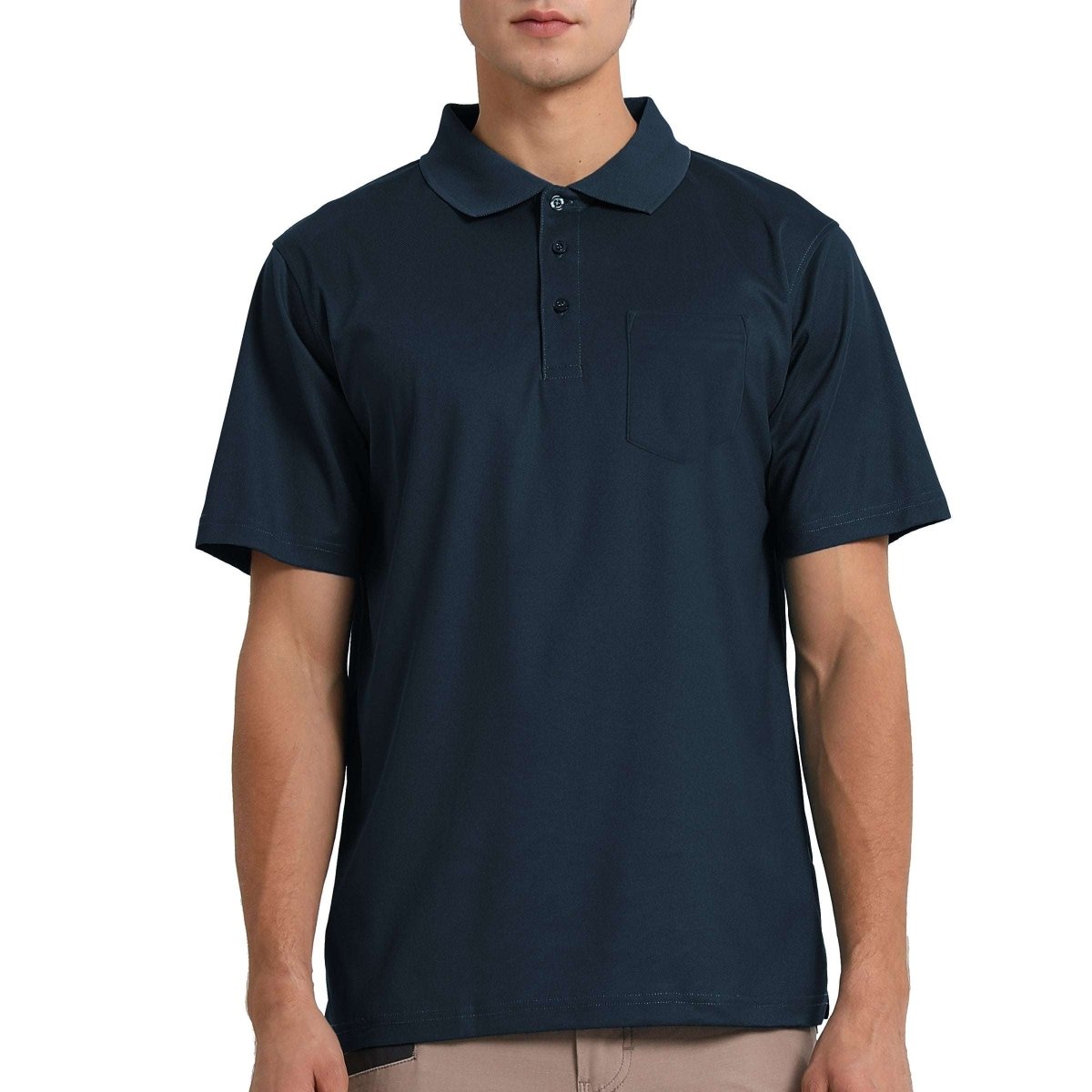 "cotton blend polo shirt in Navy Blue, model front – Big Bee Workwear"