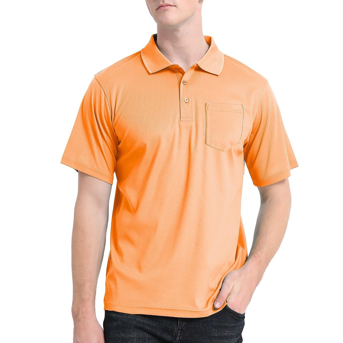"cotton blend polo shirt in orange, model front – Big Bee Workwear"