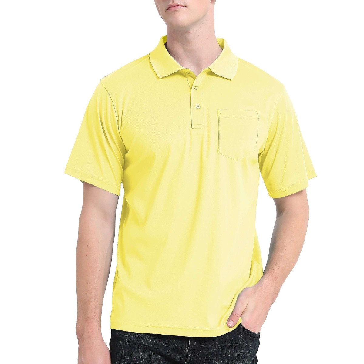 "cotton blend polo shirt in light yellow, model front – Big Bee Workwear"