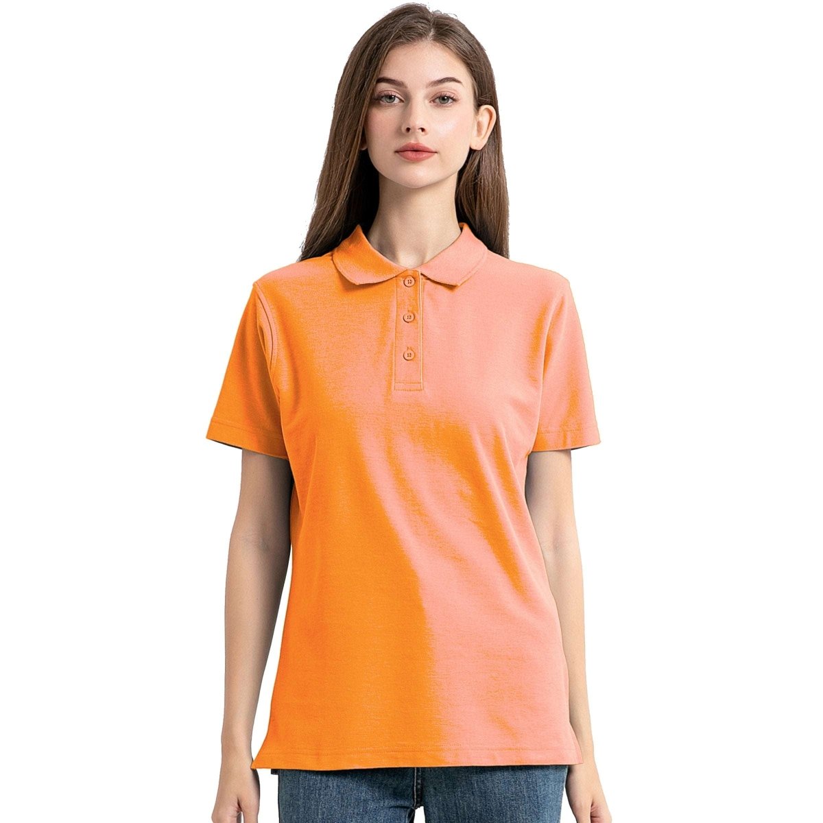 "cotton blend polo shirt in orange, model front – Big Bee Workwear"