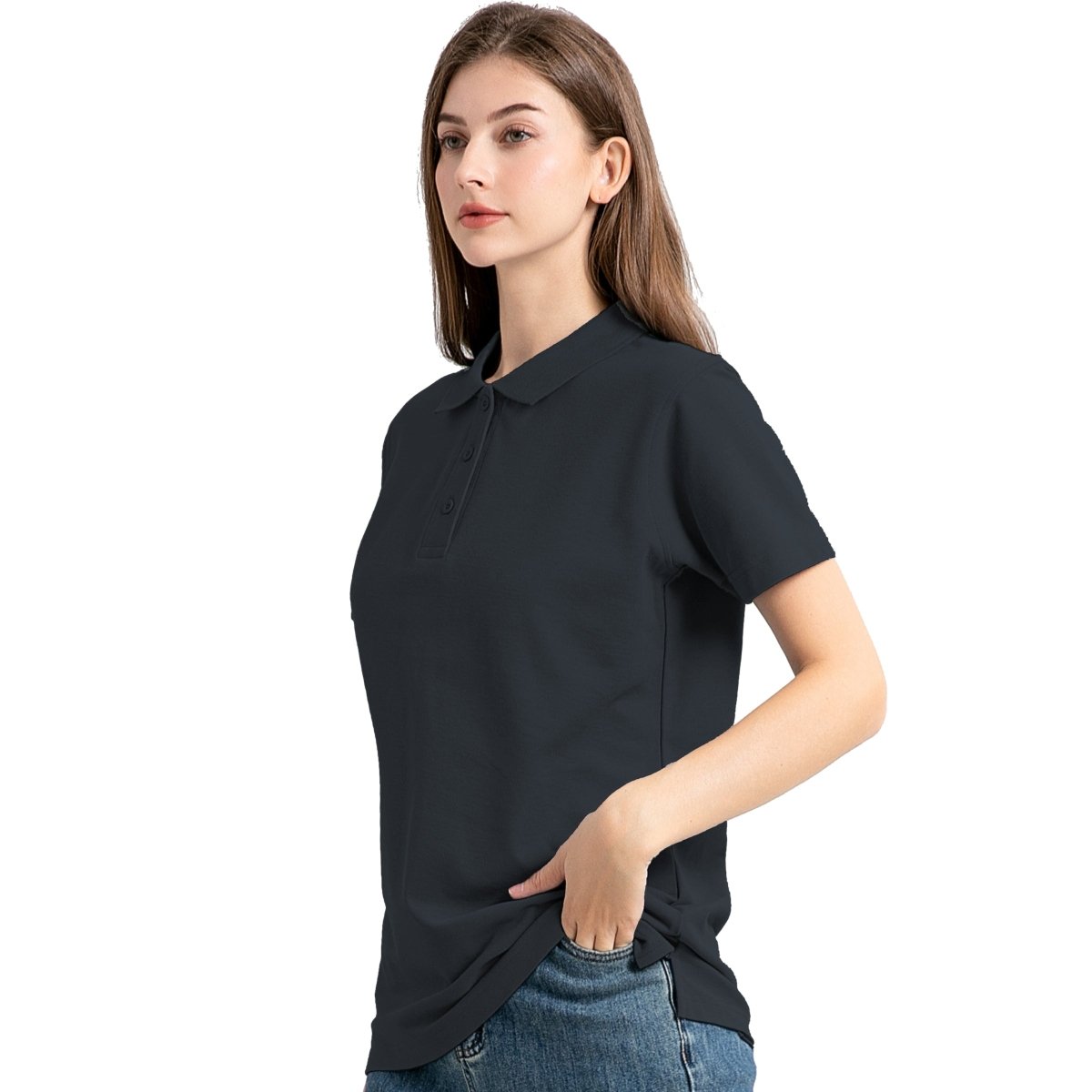 "cotton blend polo shirt in black, model front – Big Bee Workwear"