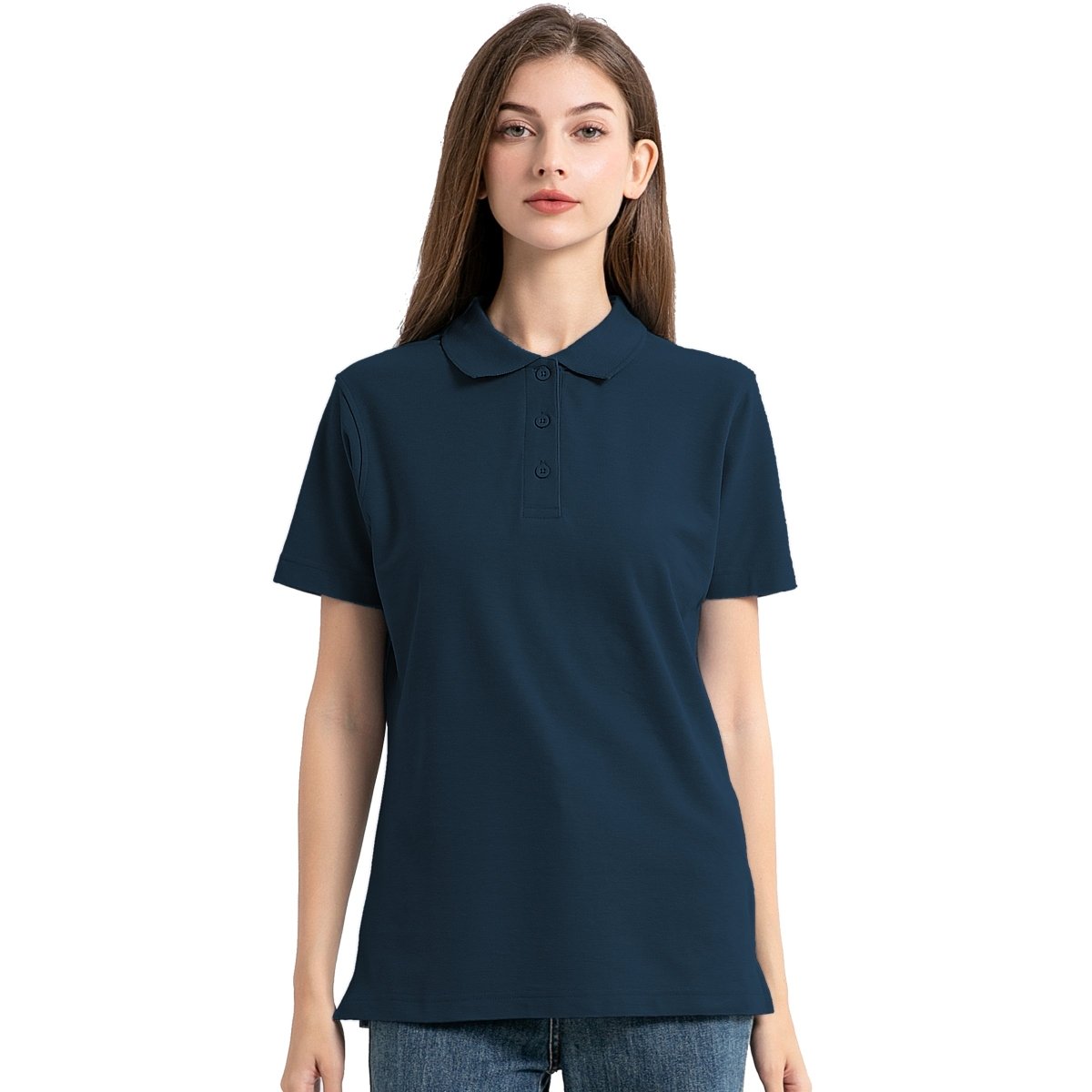 "cotton blend polo shirt in Navy Blue, model front – Big Bee Workwear"