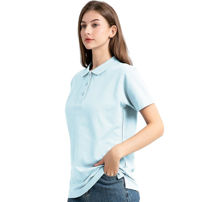 "cotton blend polo shirt in light blue, model front – Big Bee Workwear"