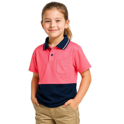 "Kids’ Hi-Vis Short Sleeve polo shirt in pink navy, model front – Big Bee Workwear"
