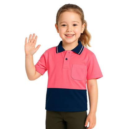"Kids’ Hi-Vis Short Sleeve polo shirt in pink navy, model posed – Big Bee Workwear"