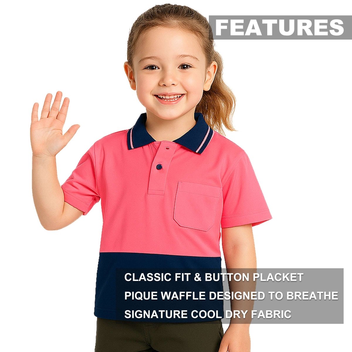 "Kids’ Hi-Vis Short Sleeve polo shirt key features – Big Bee Workwear"