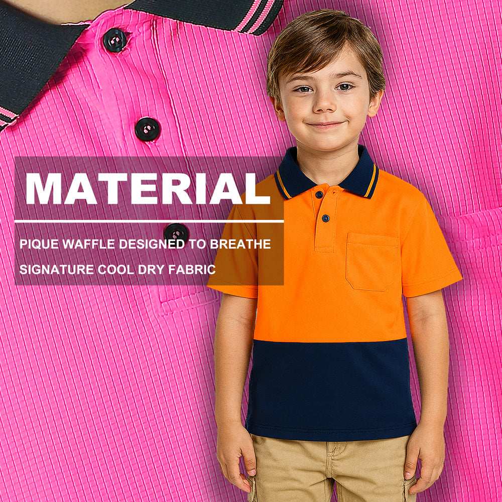 "Kids’ Hi-Vis Short Sleeve polo shirt fabric close-up with info – Big Bee Workwear"