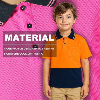 "Kids’ Hi-Vis Short Sleeve polo shirt fabric close-up with info – Big Bee Workwear"