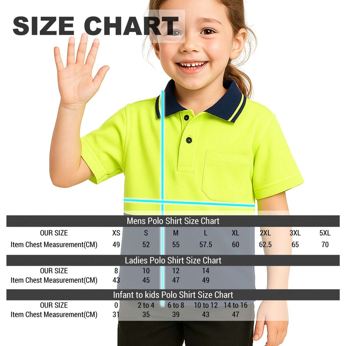 Kids’ Hi-Vis Short Sleeve polo shirt size chart – Big Bee Workwear