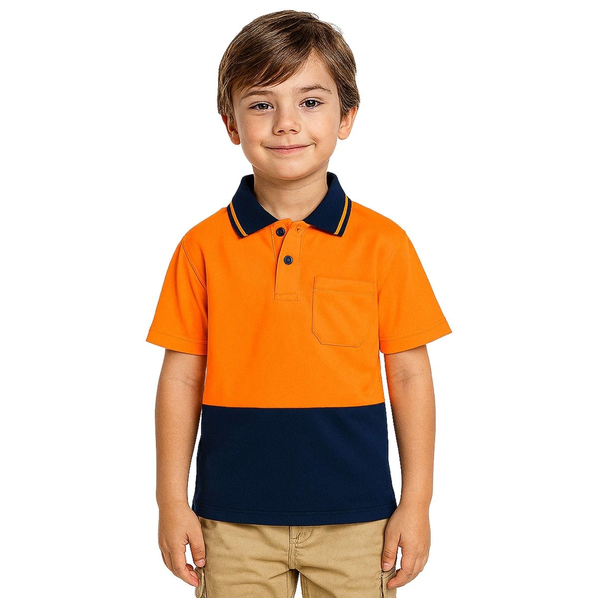 "Kids’ Hi-Vis Short Sleeve polo shirt in orange navy, model front – Big Bee Workwear"