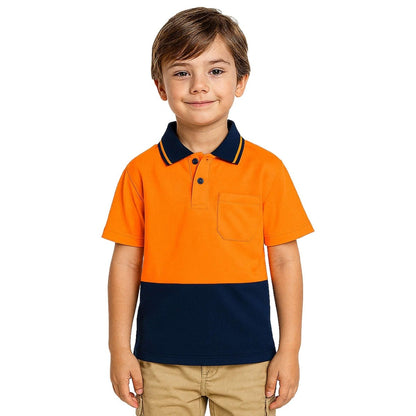 "Kids’ Hi-Vis Short Sleeve polo shirt in orange navy, model front – Big Bee Workwear"