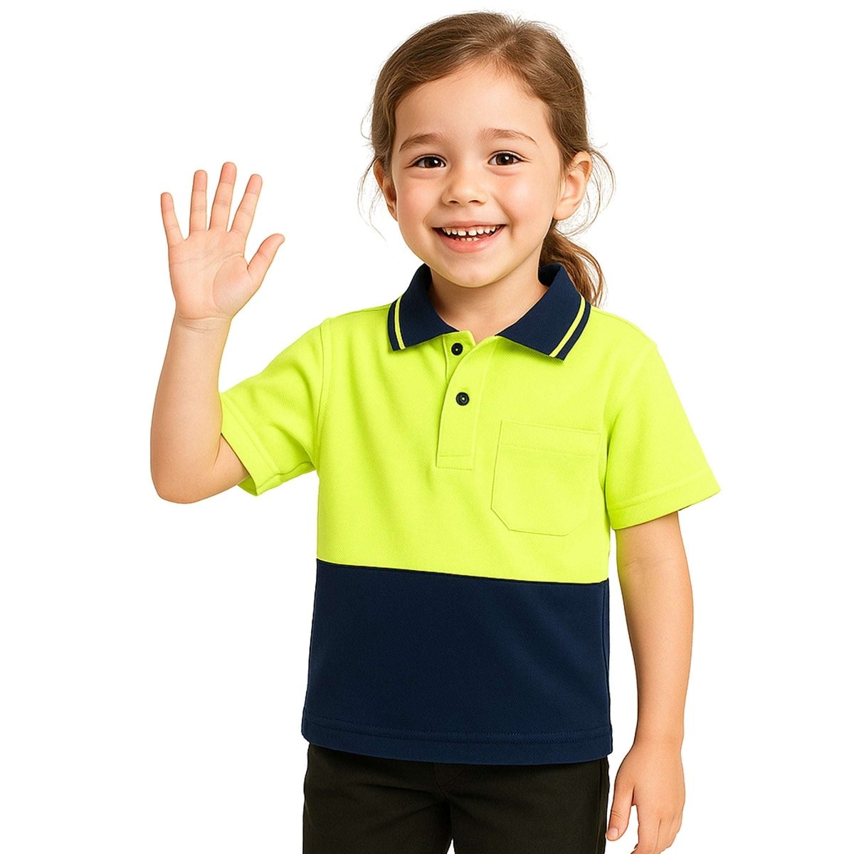 "Kids’ Hi-Vis Short Sleeve polo shirt in yellow navy, model front – Big Bee Workwear"