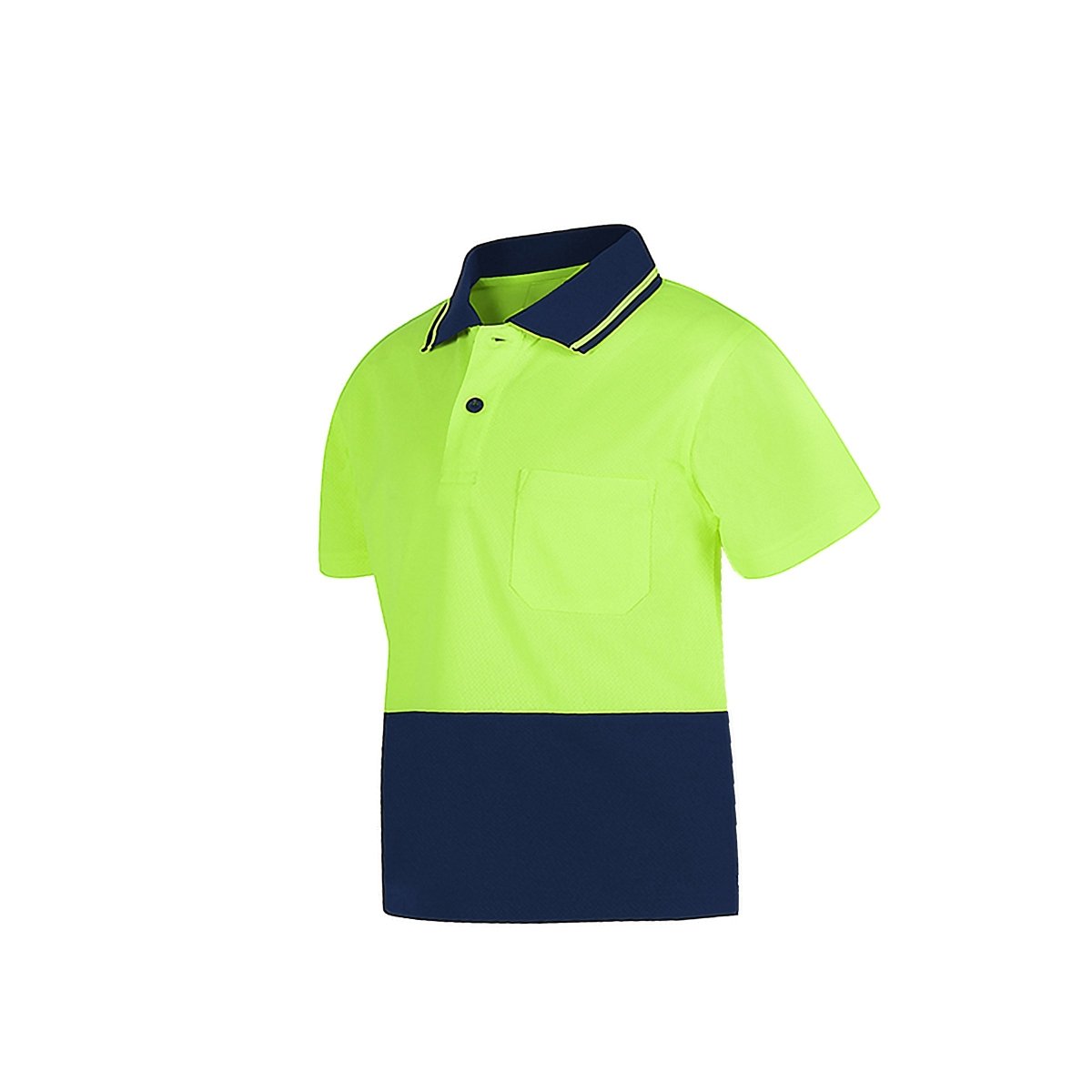 "Kids’ Hi-Vis Short Sleeve polo shirt in yellow navy, front – Big Bee Workwear"