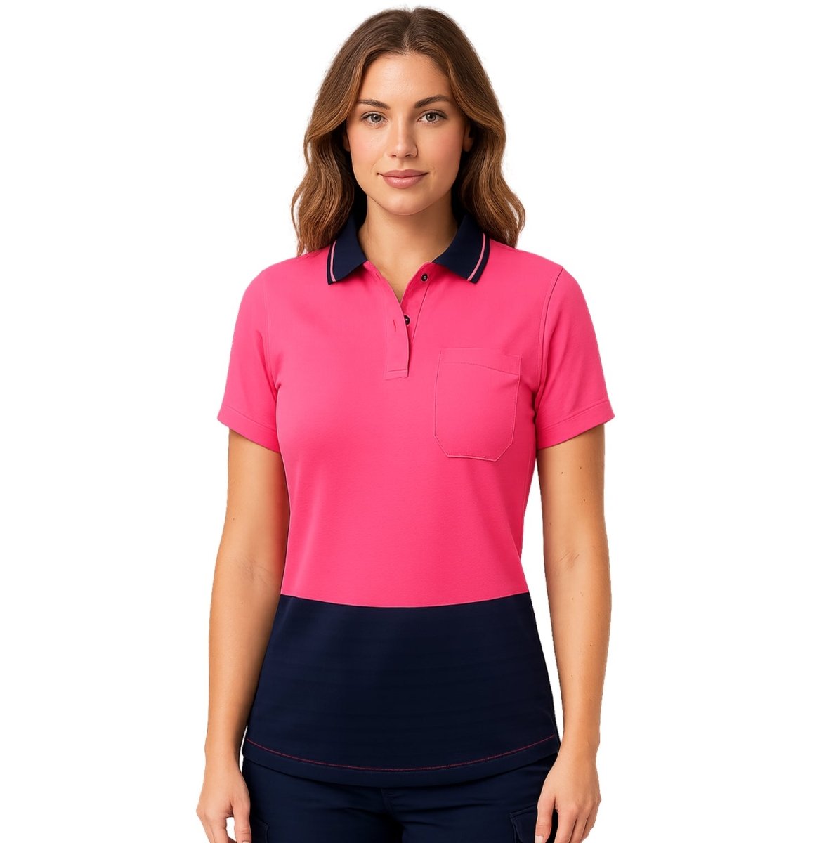 "Ladies’ Hi-Vis Short Sleeve polo shirt in pink navy, model front – Big Bee Workwear"