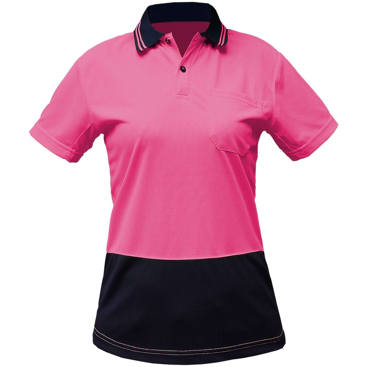 "Ladies’ Hi-Vis Short Sleeve polo shirt in pink navy, front – Big Bee Workwear"