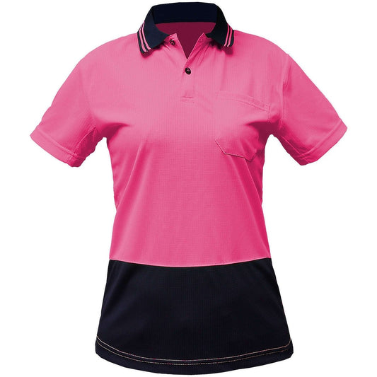 Ladies’ Hi-Vis Short Sleeve polo shirt in pink navy, front – Big Bee Workwear