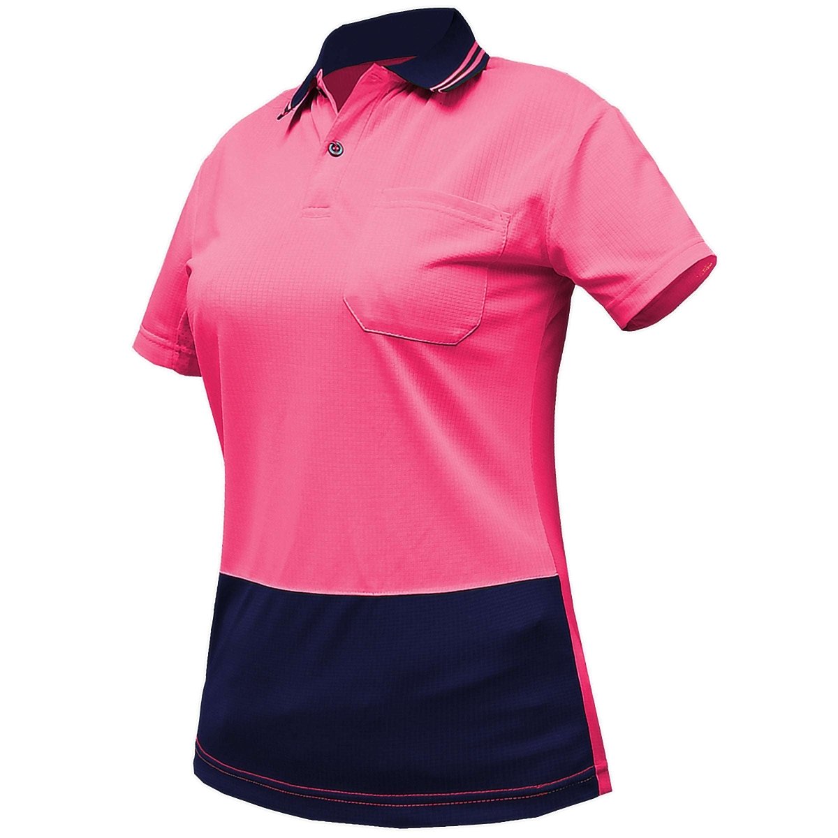 "Ladies’ Hi-Vis Short Sleeve polo shirt in pink navy, side – Big Bee Workwear"