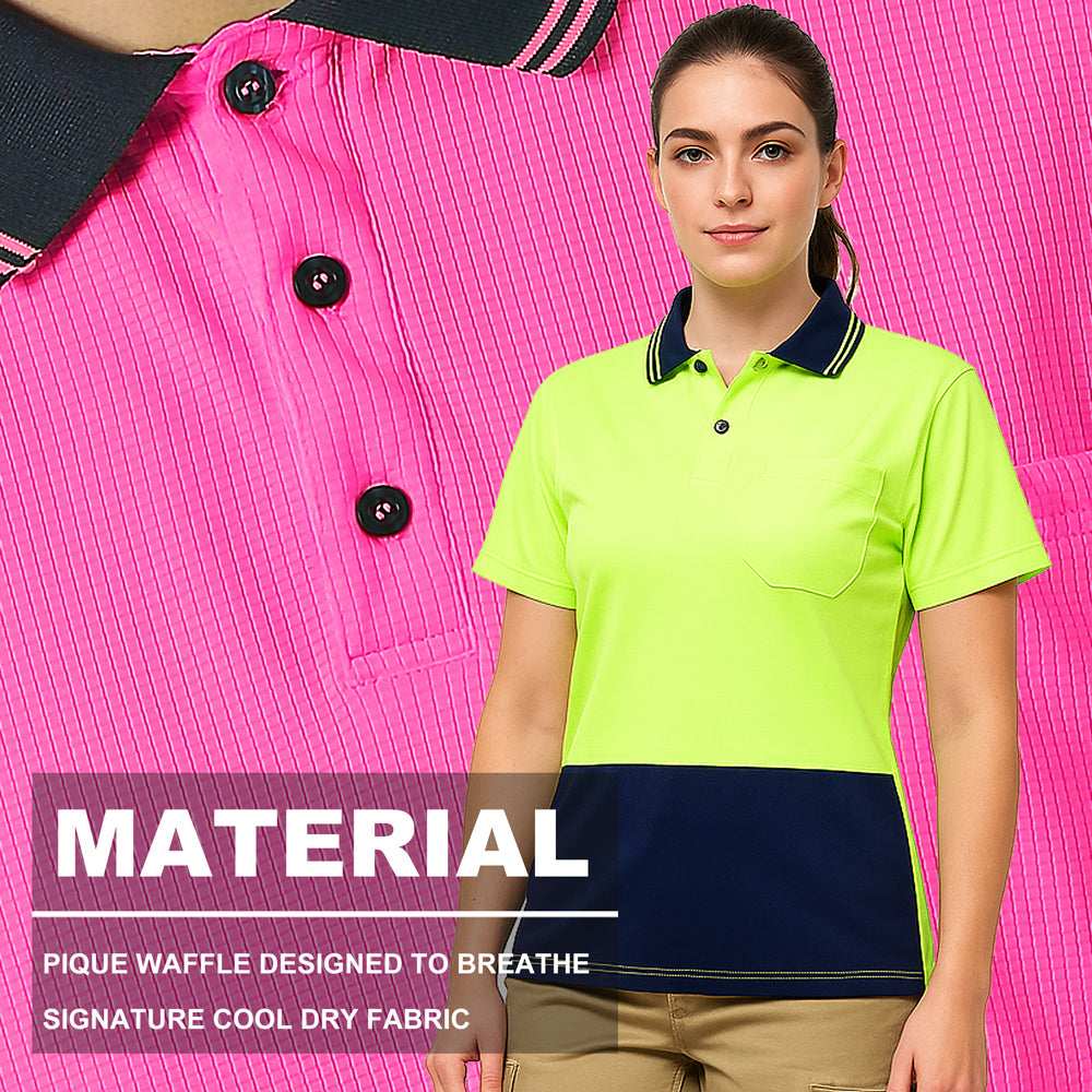 "Ladies’ Hi-Vis Short Sleeve polo shirt fabric close-up with info – Big Bee Workwear"