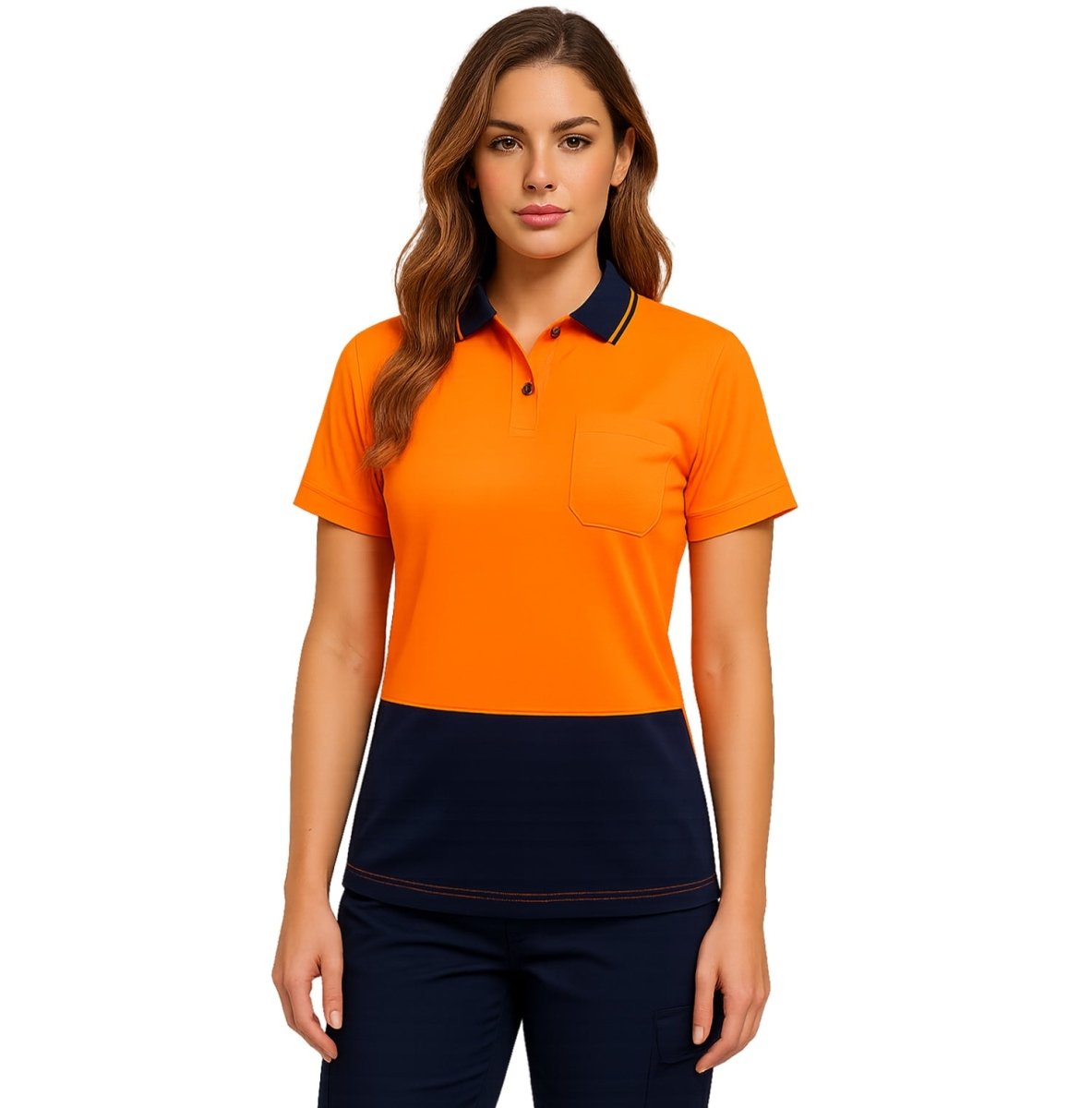"Ladies’ Hi-Vis Short Sleeve polo shirt in orange navy, model front – Big Bee Workwear"